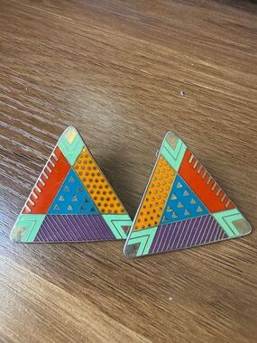 Laurel Burch Multicolor Triangle Enamel Earrings — Orange, Teal, Purple, Mint